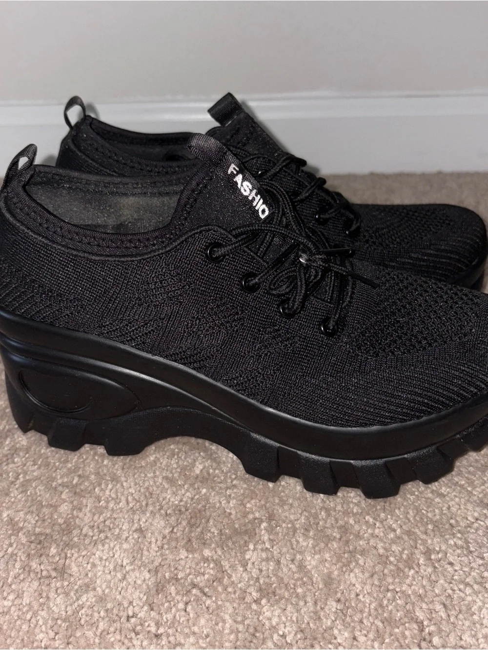 Black Platform Knit Lace-Up Women's Sneakers